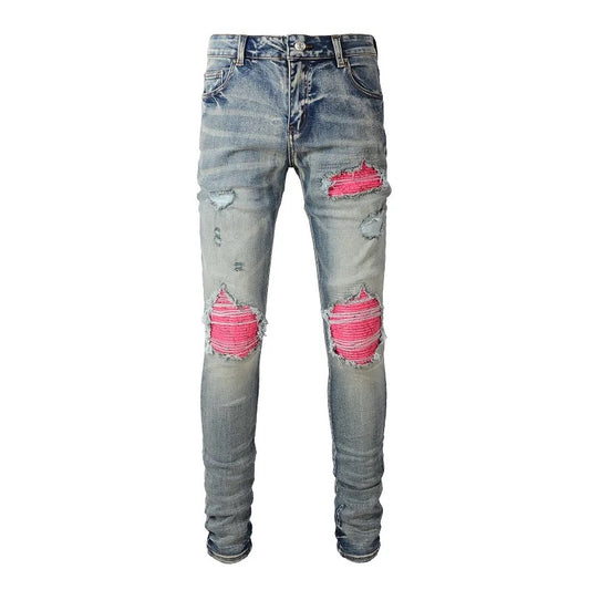 jeans blu strappi rosa